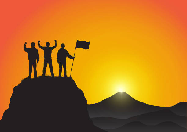 Silhouette of three young men standing on top of the mountain with fists raised up and holding flag on golden sunrise background, success, achievement,victory and winning concept vector illustration Silhouette of three young men standing on top of the mountain with fists raised up and holding flag on golden sunrise background, success, achievement,victory and winning concept vector illustration success silhouettes stock illustrations