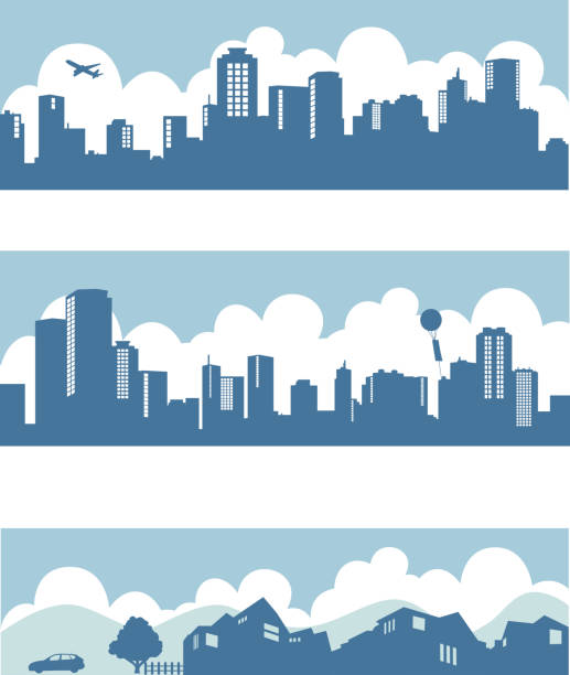silhouette of town and city downtown, downtown, city, illustration city clipart stock illustrations
