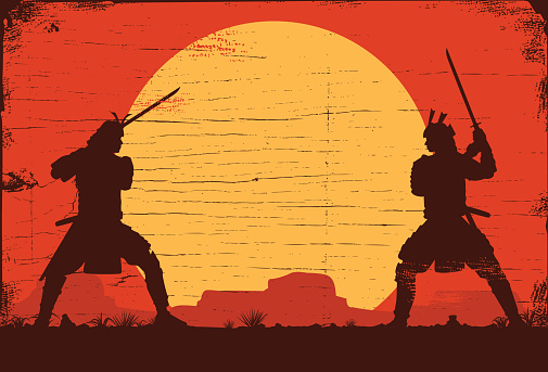 Silhouette of two Japanese Samurai sword fighting, Vector Illustration
