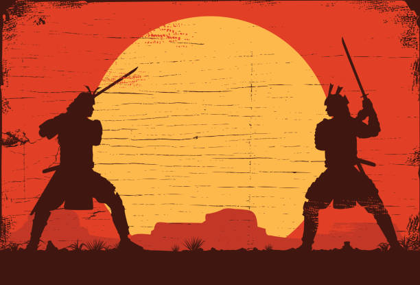 illustrazioni stock, clip art, cartoni animati e icone di tendenza di silhouette di due samurai giapponesi che combattono con la spada, illustrazione vettoriale - warriors