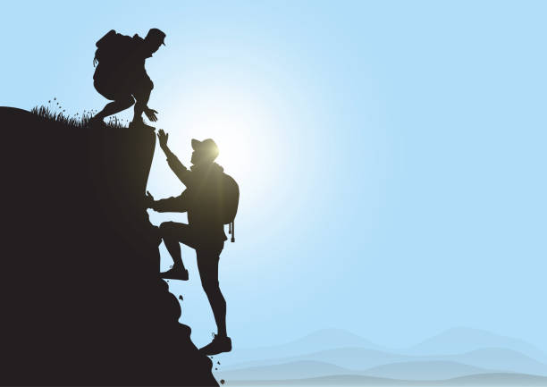 Silhouette of two people hiking climbing mountain and helping each other on blue sky background, helping hand and assistance concept vector illustration Silhouette of two people hiking climbing mountain and helping each other on blue sky background, helping hand and assistance concept vector illustration leadership silhouettes stock illustrations