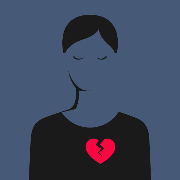 Silhouette of woman with closed eyes and with red broken heart Silhouette of sad woman with closed eyes and with bright red broken heart. Unhappy relationships, betrayal, or the loss of beloved person. Concept of relations and breakup divorce symbols stock illustrations