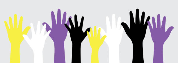 剪影的黃色，白色，紫色和黑色的手作為非二進位標誌的顏色。 - 非二元性別 插圖 幅插畫檔、美工圖案、卡通及圖標
