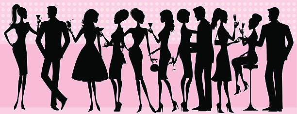 Silhouette Party People A silhouetted group of people at a party or bar. See below for the non silhouette version of this image. All characters are on separate layers for easy editing. cocktail silhouettes stock illustrations