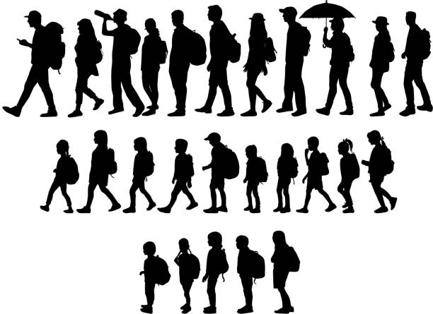 Silhouette people on a walk. vector art illustration
