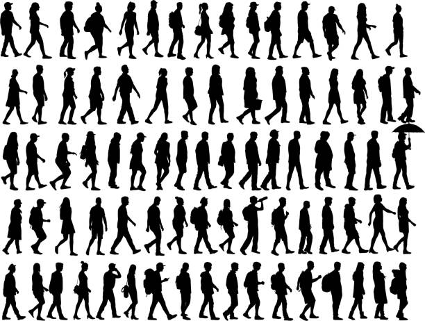 Silhouette people on a walk. vector art illustration