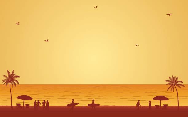 Silhouette people with surfboard on beach under sunset sky background Silhouette people with surfboard on beach under sunset sky background in flat icon design beach silhouettes stock illustrations