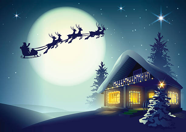 실루엣 산타 클로스와 순록 크리스마스 하우스 를 통해 비행 - 썰매 동물을 이용한 교통 stock illustrations