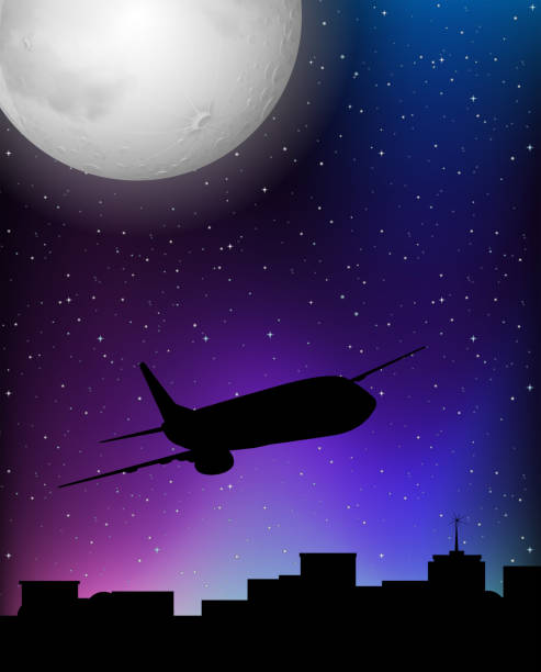 Silhouette scene with airplane flying at night illustration