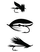 Silhouettes of fishing flies used when fly fishing. High Detail.