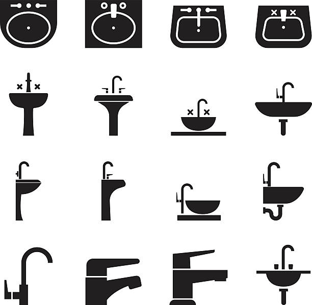 Silhouette sink, Wash basin, Faucet icon set Silhouette sink, Wash basin, Faucet icon set sink stock illustrations