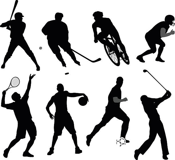 Vector illustration of various men's silhouette playing a variety of sports: baseball, hockey, cycling, american football, a tennis serve, basketball, soccer and a golf swing.