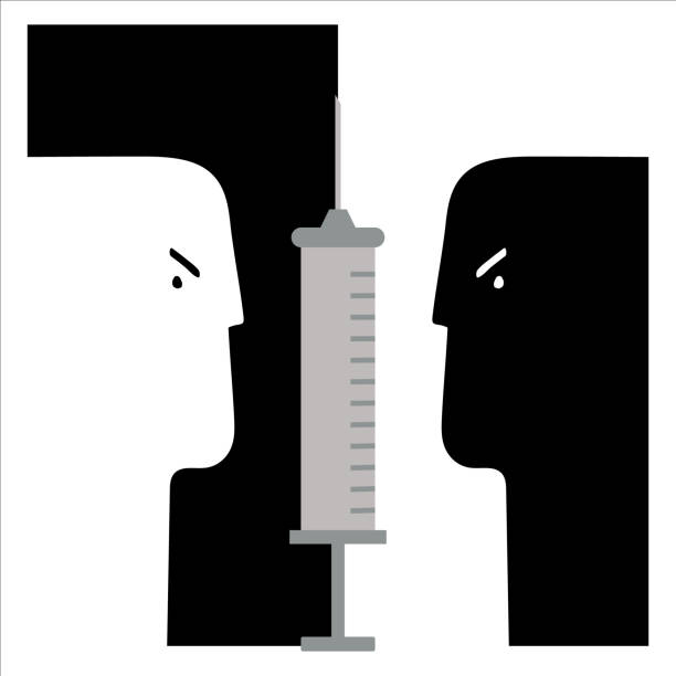 Silhouette symbol. syringe sticker. Injection forbidden. Anti vaccination. Stop vaccine. Negative space. Dilemma, controversy, pros and cons. Vector isolated illustration  vaccine mandate stock illustrations