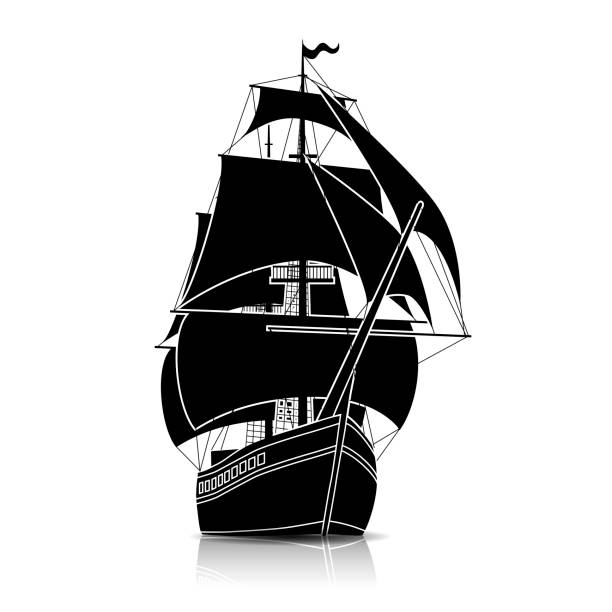 反射シルエット ビンテージ帆船 - 帆船点のイラスト素材／クリップアート素材／マンガ素材／アイコン素材