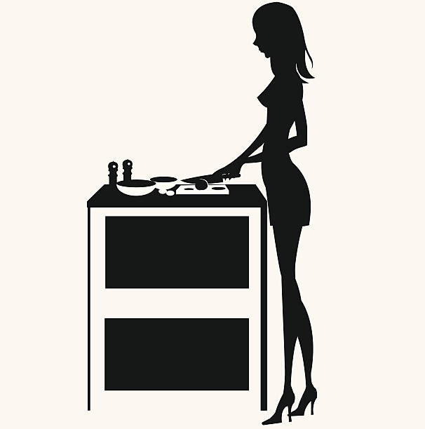 ilustrações de stock, clip art, desenhos animados e ícones de silhueta de mulher jantar de cozinha - woman chopping vegetables