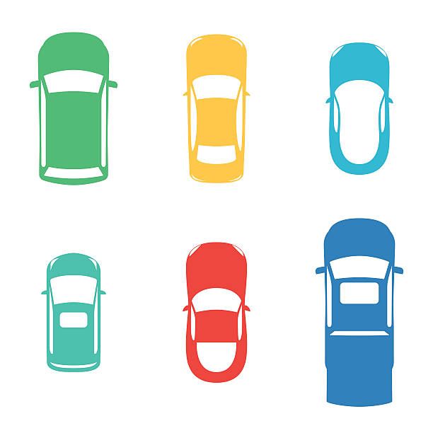 Silhouettes colored cars Silhouettes colored cars top view on white background. Vector illustration for print design wrapping paper, web background on your website and promotional materials high angle view stock illustrations