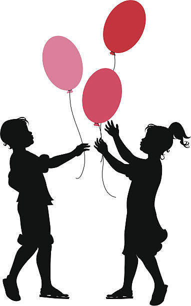 Silhouettes of a boy and girl holding balloons Vector illustration of the little boy and girl playing with balloons. balloon silhouettes stock illustrations