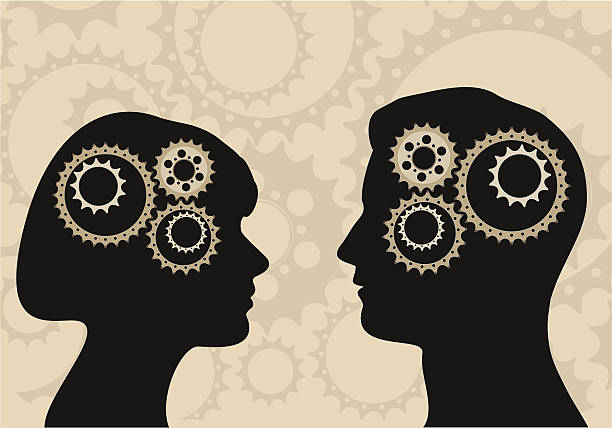 Silhouettes of a man and woman with gears in heads Family Communication.  divorce silhouettes stock illustrations