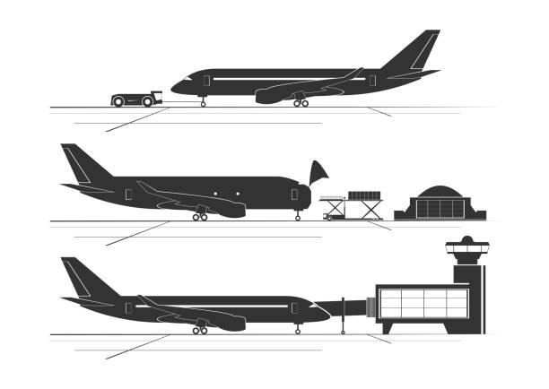 Silhouettes of aircraft at the airport Silhouettes of aircraft at the airport. Vector illustration airport silhouettes stock illustrations