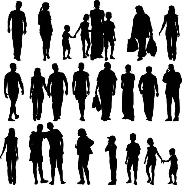 silhouettes of beautiful mans and womans Black silhouettes of beautiful mans and womans on white background. Vector illustration. shopping silhouettes stock illustrations