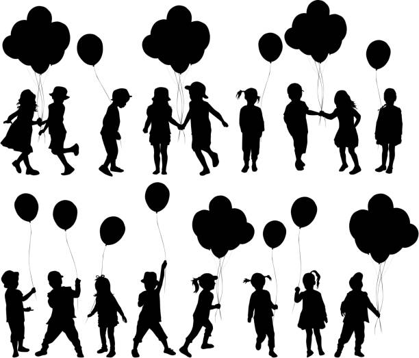 Silhouettes of children with balloon. vector art illustration