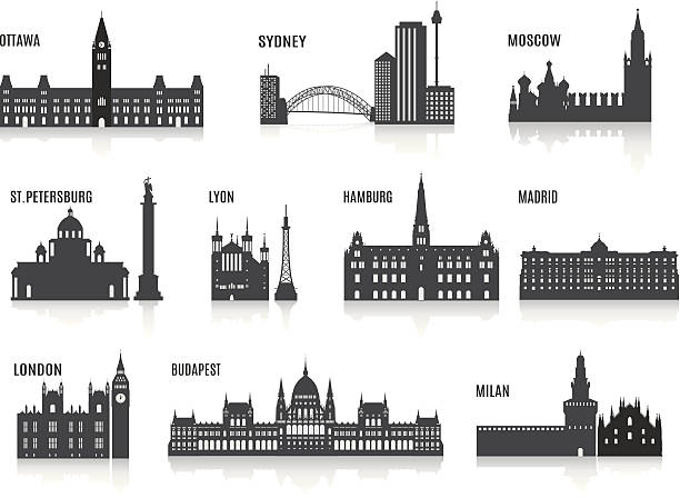silhouettes of cities - lyon stock illustrations