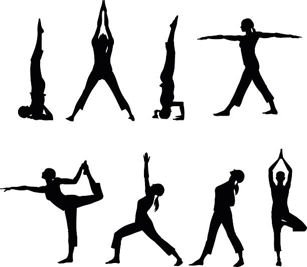 silhouettes of Eight Yoga Postures All images are placed on separate layers. They can be removed or altered if you need to. No gradients were used. No transparencies.  yoga silhouettes stock illustrations