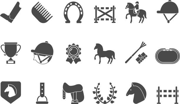bildbanksillustrationer, clip art samt tecknat material och ikoner med siluetter av hästsporten symboler. kapplöpningshäst - hinder häst