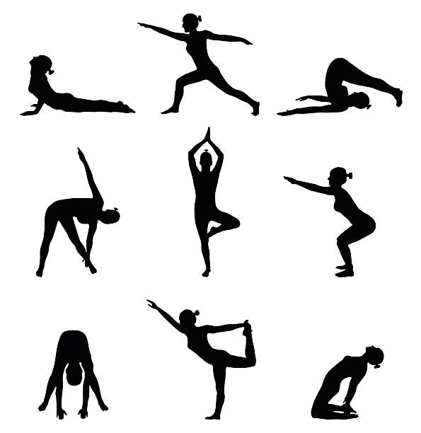 Silhouettes of girl stretching. Yoga and exercise pose Silhouettes of girl stretching. Yoga and exercise pose. Vector illustration. All elements are separate. Easily modifying. No mesh. EPS10 yoga silhouettes stock illustrations