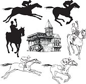 Silhouettes and graphic sketches of horses and jockeys, vintage style, graphic drawing hippodrome for design