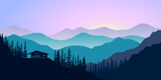 ilustrações de stock, clip art, desenhos animados e ícones de silhouettes of mountains, chalet and forest at sunrise. vector illustration. - mont blanc