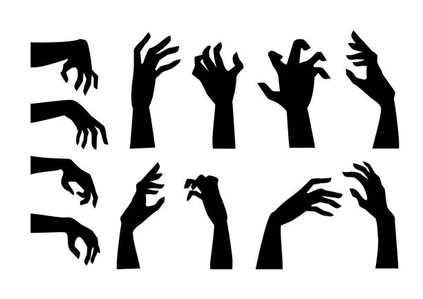 Silhouettes of people hand in horror pose like a Zombie for decorate in Halloween theme. Silhouettes of people hand in horror pose like a Zombie isolated on white. Graphic resource for decorate in Halloween theme. hand silhouettes stock illustrations