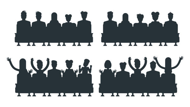 Silhouettes of people in cinema. Flat vector illustration. Silhouettes of people in cinema. Spectators are sitting in chair in front of large screen. Cinema, stage and show. Flat vector illustration. movie silhouettes stock illustrations