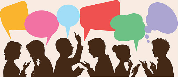 Silhouettes of people with colorful speech bubbles An illustration of dialogue and thoughts taking place among silhouettes of people in various positions.  The speech bubbles are yellow, pink, light blue, red and green.  The sole thought bubble is purple.  The bubbles are of varying sizes and shapes.  For example, the yellow one resembles a flag on a short flagpole, while the blue one resembles a round pin.  Some of the silhouetted people are touching their hands to their chins, and one is gesturing upward with his pointer finger.  Some of the silhouettes have their heads tilted slightly forward. presentation speech silhouettes stock illustrations