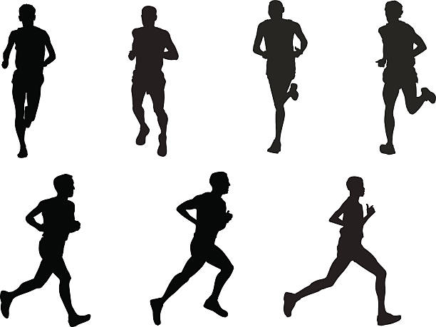 Silhouettes of runners in positions silhouettes of various men running running silhouettes stock illustrations