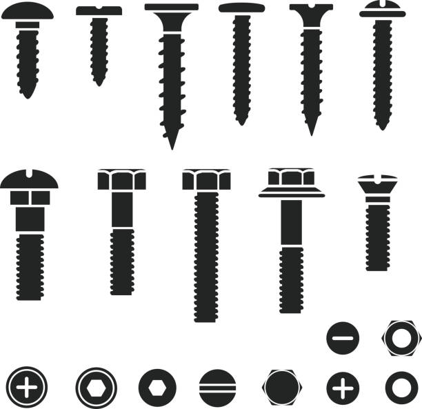 Silhouettes of wall bolts, nuts and screws Silhouettes of wall bolts, nuts and screws black icons bolt fastener stock illustrations