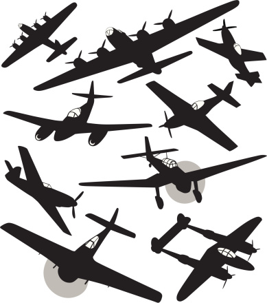 Silhouettes of World War 2 fighters and bombers