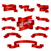 Silk red 3d ribbon banners vector set isolated. Illustration of red ribbon collection for decoration swirl