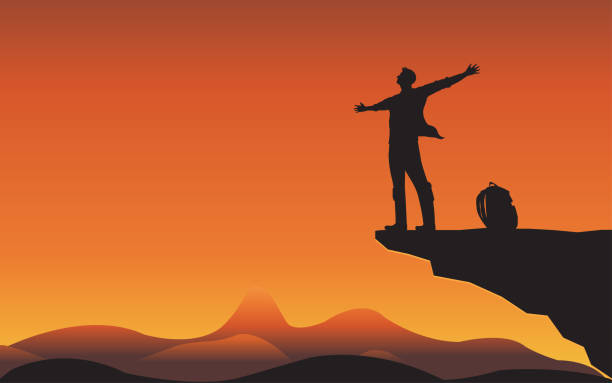 Sillhouette man on mountain cliff Sillhouette man on mountain cliff, Man of freedom, People of nature concept. Illustration vector flat success silhouettes stock illustrations