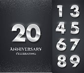 Silver anniversary logo with numbers template. 20th birthday, jubilee or wedding anniversary vector illustration. Invitation to celebrate. Shiny numbers on black background with glitter.