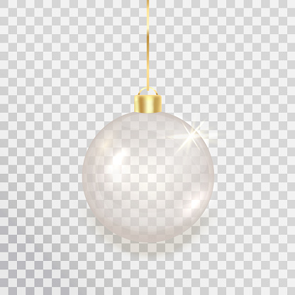 Silver christmas ball on transparent background. Festive present card. Luxury bauble design element. Xmas decoration. Clear glass hang toy decor. New year gift. Glitter sphere. Vector illustration.