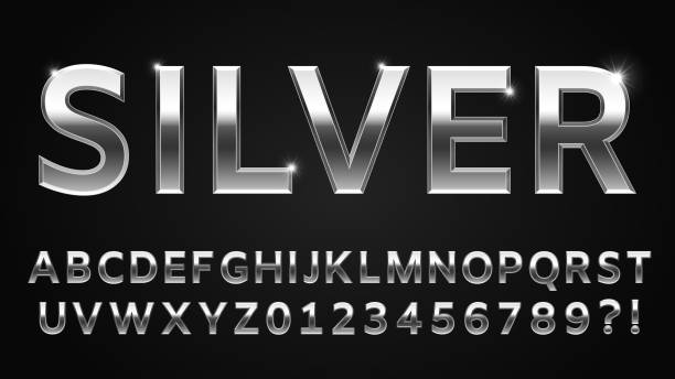Silver font style. Metallic alphabet, numbers, question and exclamation marks. Shinning abc latin letter Silver font style. Metallic alphabet, numbers, question and exclamation marks. Shinning latin letter isolated on dark background, English abc with glowing effect vector illustration chrome stock illustrations