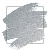 Silver Glitter Paint Brush Stroke with Frame on White Background.