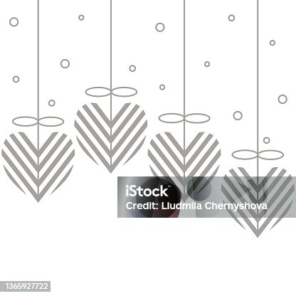 istock Silver hearts on strings of pendants and snowflakes on white background. Christmas and New Year banner with decor. Vector illustrations for posters, cards, sales, stories. 1365927722