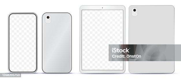 istock Silver Mobile Phone and Tablet Computer Mockup With Front and Back Side View. 1268205750