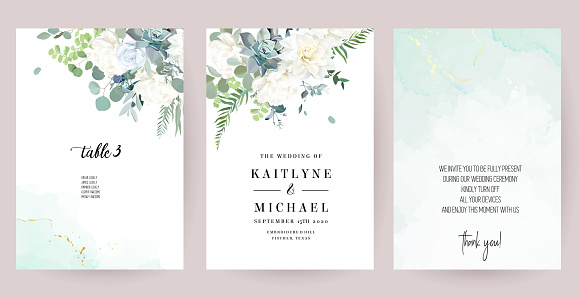 Silver sage green, mint, blue, white flowers vector design spring cards. White peony, dahlia, dusty rose, succulent, eucalyptus, greenery. Floral wedding frames. Elements are isolated and editable