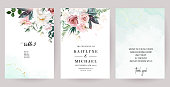 Silver sage green, mint, blush pink flowers vector design spring cards. White peony, hydrangea, dusty pink rose, leaves, eucalyptus, greenery. Floral wedding frames. Elements are isolated and editable
