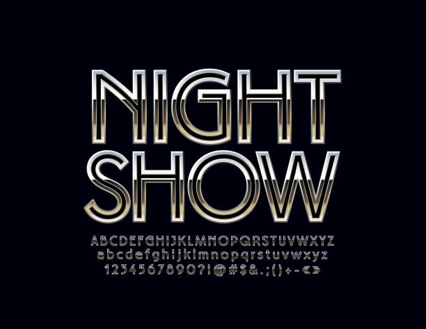 Silver text Night Show with Vector Alphabet Set of Glossy Letters, Numbers and Symbols. Metallic gradient Font performance designs stock illustrations