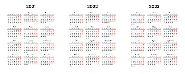 simple 2021 2022 2023 spanish calendar grid, starts monday, two weekend simple 2021 2022 2023 spanish calendar grid, starts monday, two weekend spanish culture stock illustrations