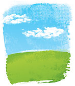 Grunge blue and green landscape vector with half tone texture